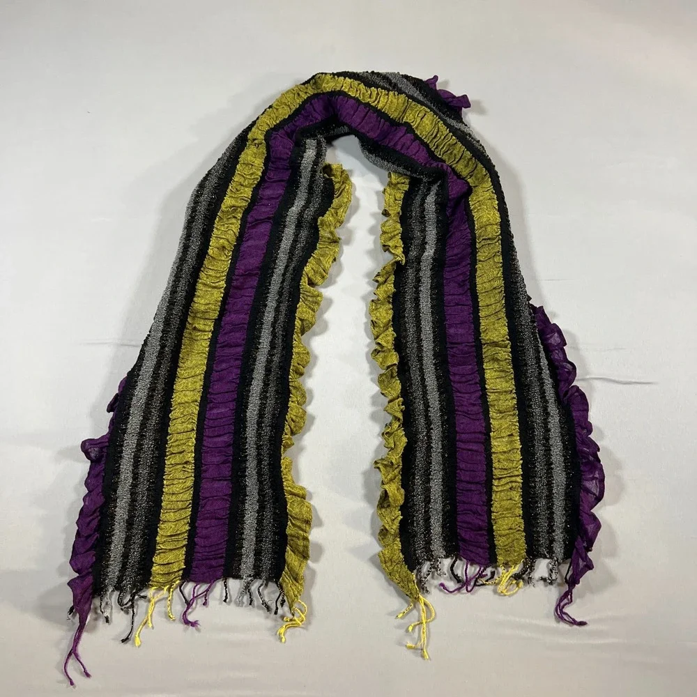 Boho Ruffle Scarf Multicolor Striped Metallic Knitted Crinkle Fringe Shawl Wrap